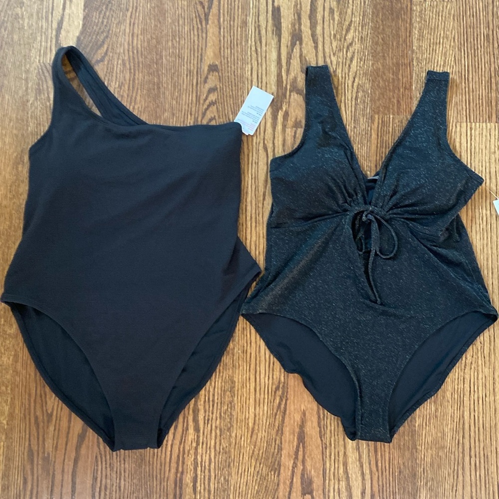 2 NWT Old Navy Cutout-Front Metallic Shine One-Piece Swimsuit & asym black 2X